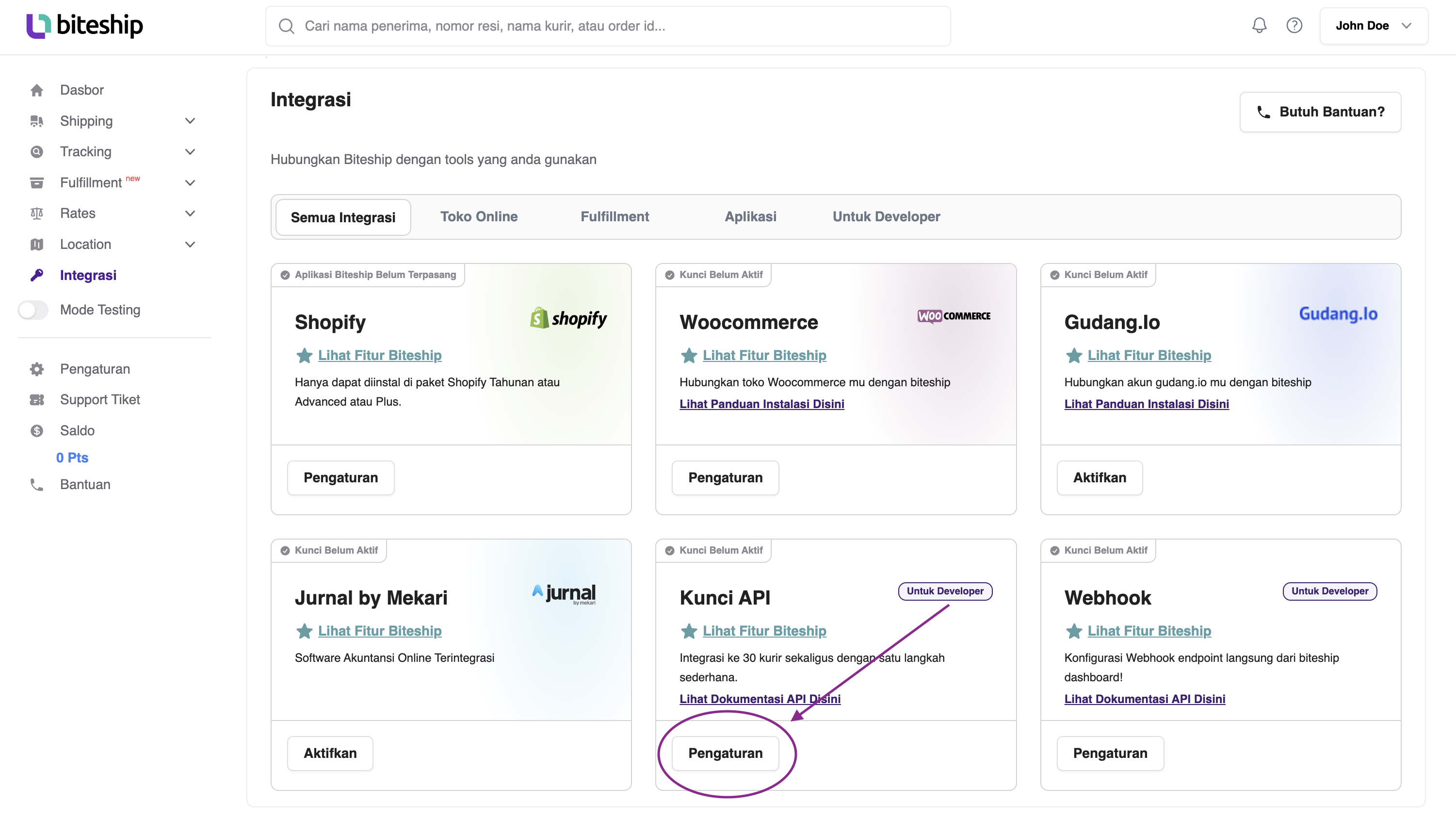 Biteship Generate New Token for API Image