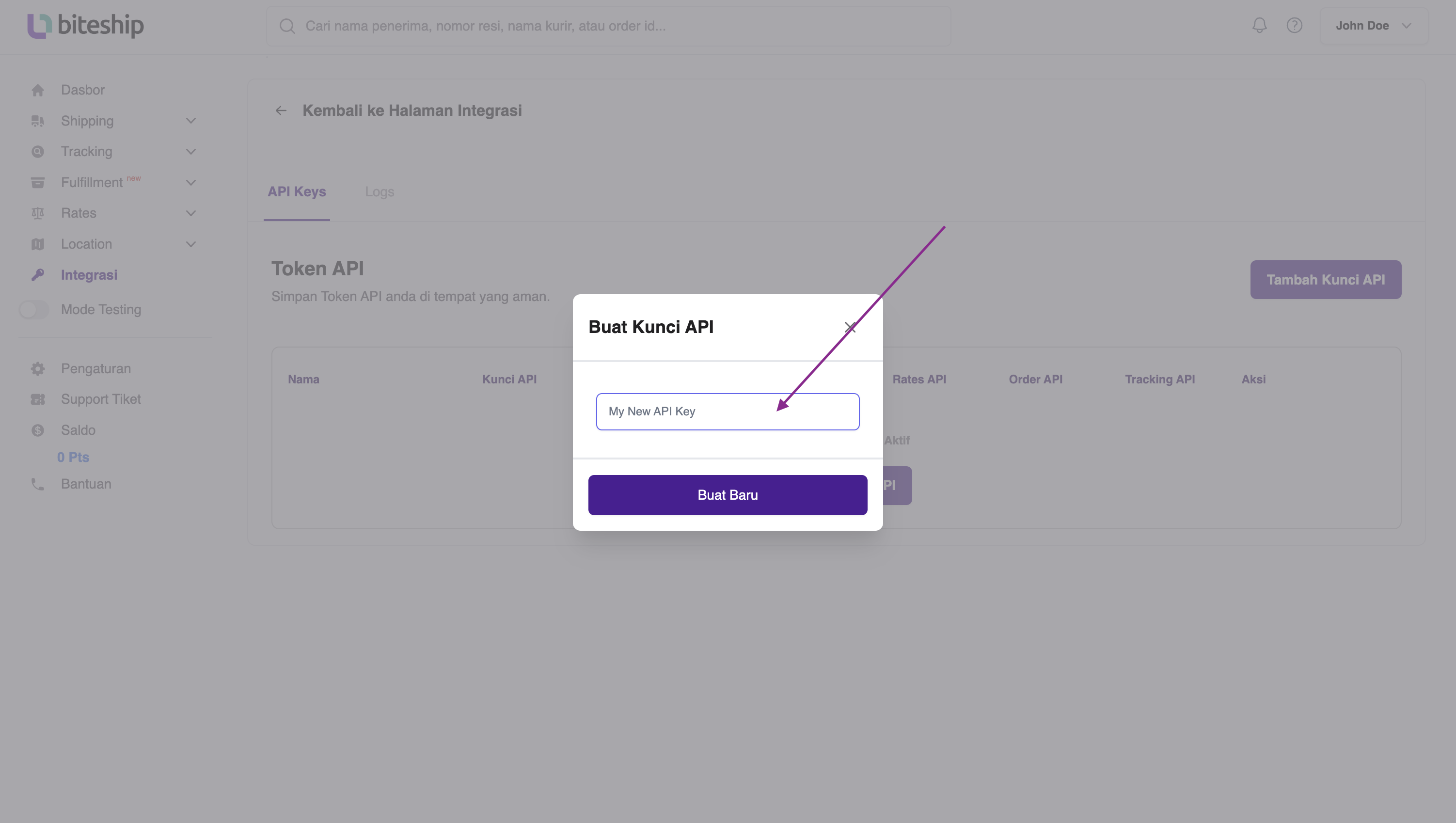 Biteship Generate New Token for API Image