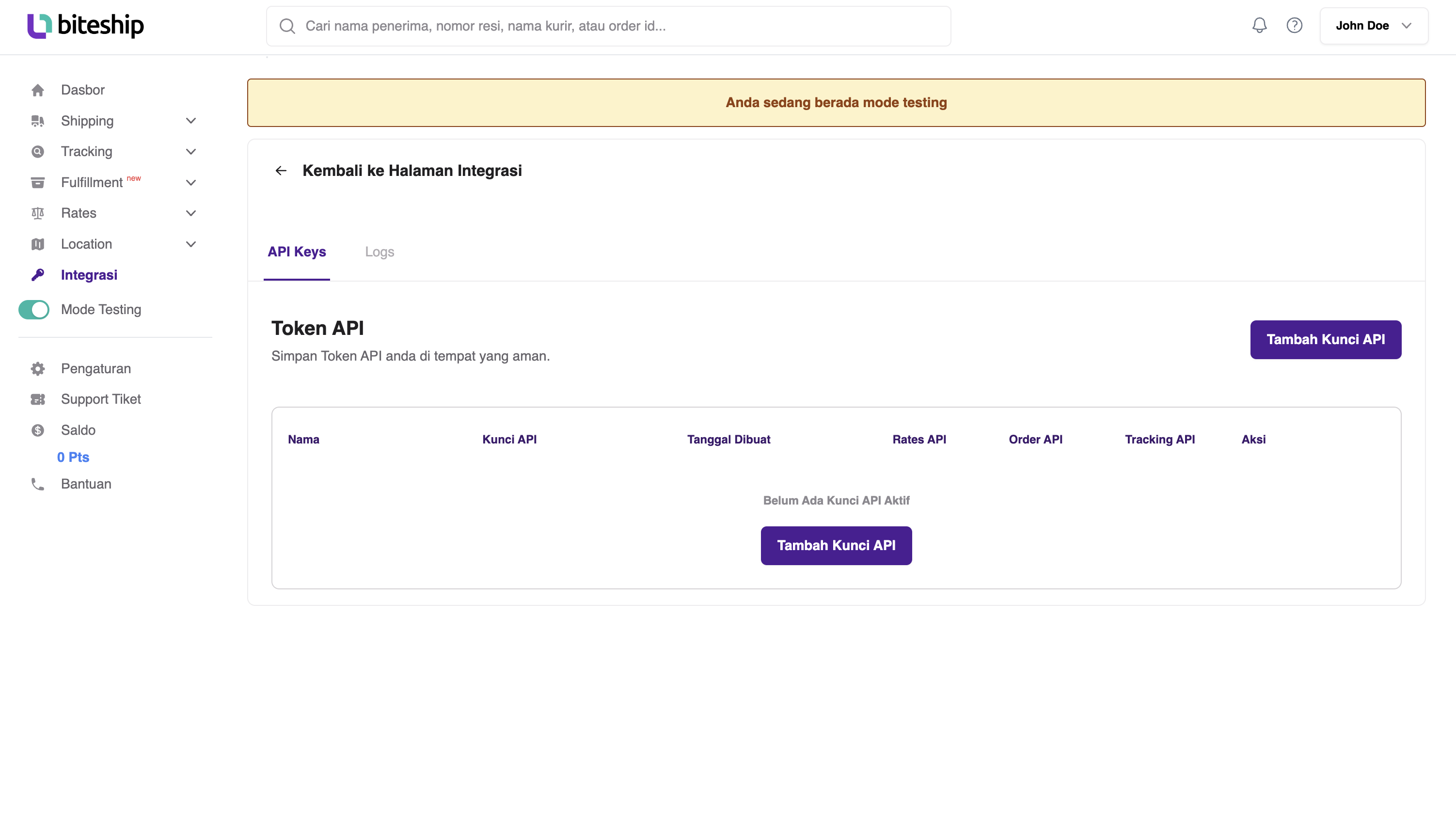 Biteship Generate New Token for API Image